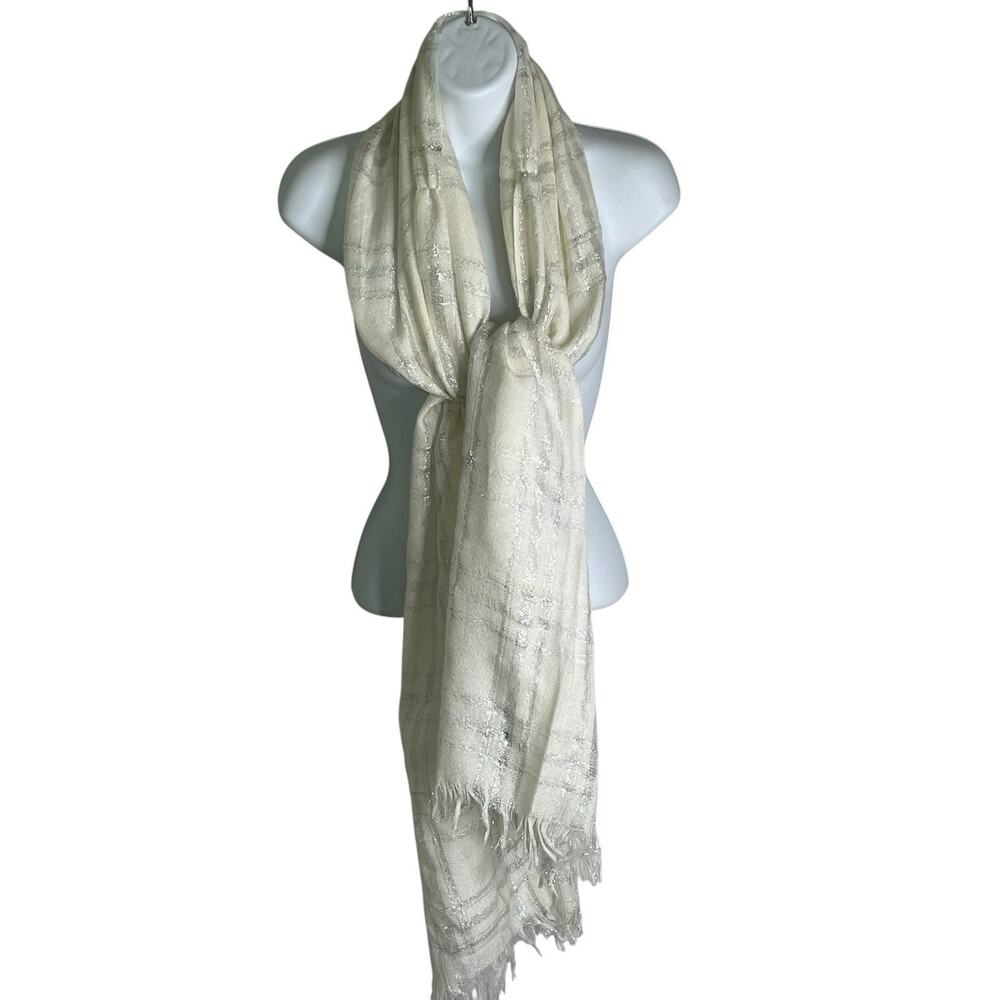 Lauren Ralph LRL Scarf Shawl Wrap Cream Delicate Wool Blend Metallic 20” x 76”